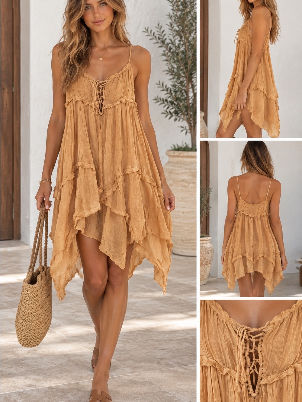Zara Asymmetrical Handkerchief Hem Spaghetti Strap Dress in Peach